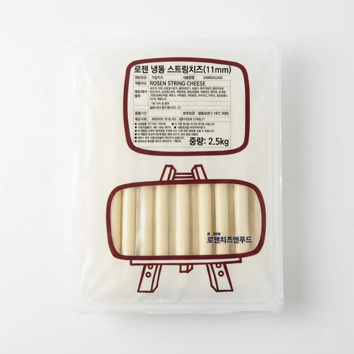 차별화상회 로젠 냉동 스트링치즈 11mm 2.5kg 대용량 이지오픈 패키지와 내부 스트링치즈 실물 확인창 연출 메인 이미지