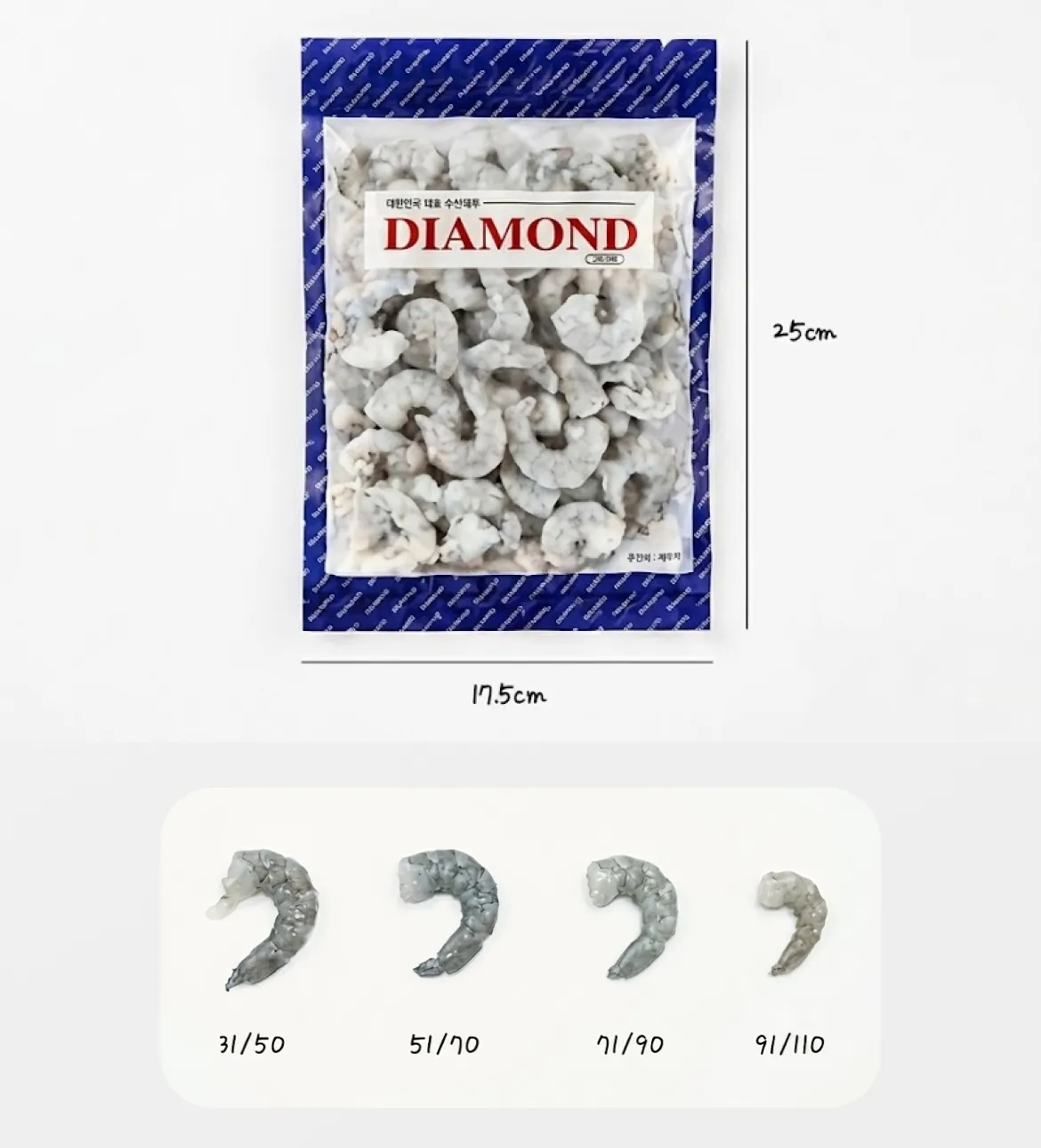 다이아몬드 냉동 흰다리 새우살 패키지의 가로 17.5cm, 세로 25cm 실제 규격 실측 정보 및 [alt]새우 크기별 31/40, 51/60, 71/90, 91/110 마릿수 기준 크기 비교 및 실물 그래픽