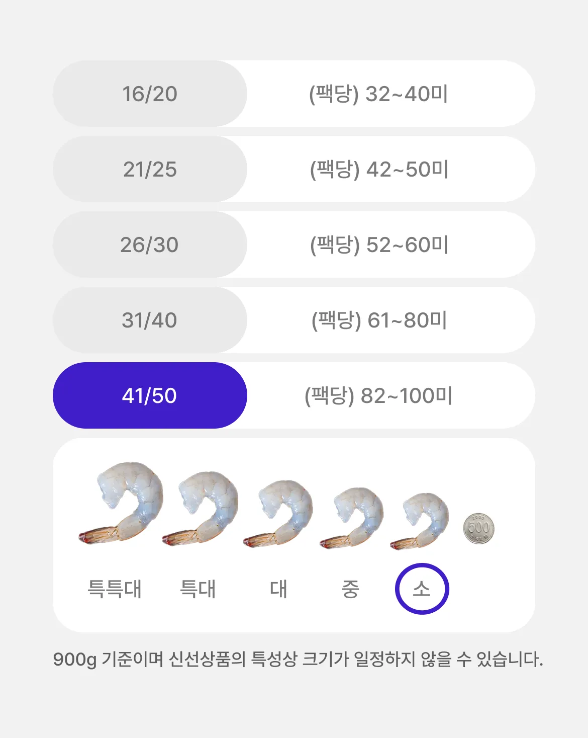 냉동흰다리새우살 900g기준 41/50 소사이즈 팩당 61~80미