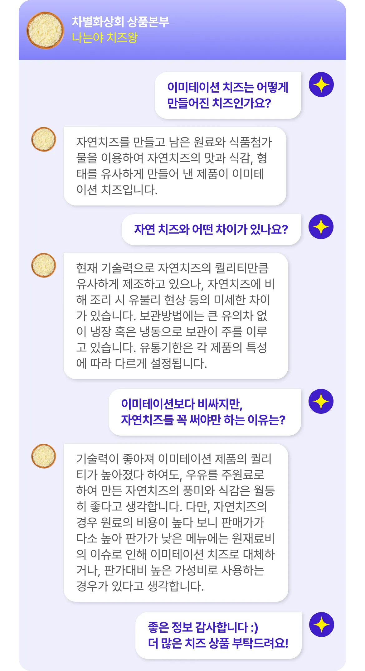 차별화상회 모짜렐라 치즈 G1 2.5kg 대용량 패키지 보관법 및 성분 특징 관련 메신저 대화 포맷의 Q&A 인포그래픽