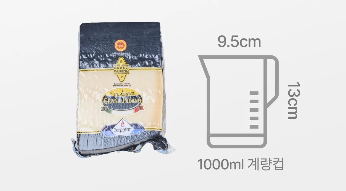 자네티 그라나파다노 블럭 치즈 1kg 패키지(가로 9.5cm, 세로 13cm)와 1000ml 계량컵의 크기를 나란히 배치하여 실제 주방 적재 공간을 비교하는 사이즈 안내 그래픽