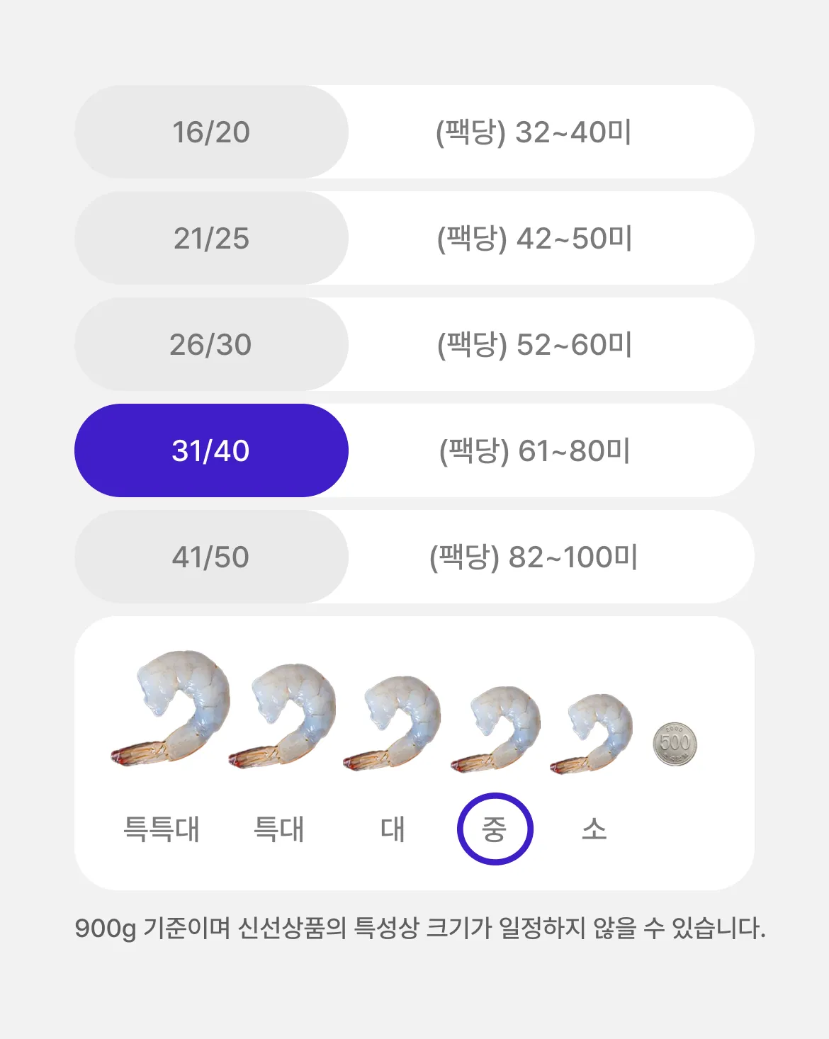 냉동흰다리새우살 900g기준 31/40 중사이즈 팩당 61~80미