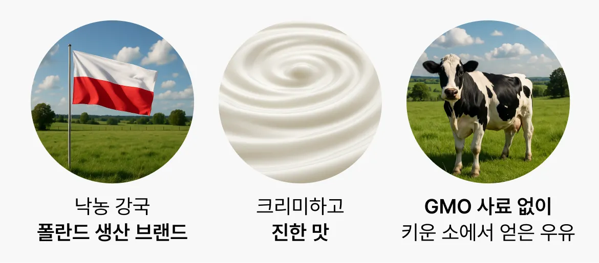 폴란드 국기, 크리미한 우유 소용돌이, 초원 위 젖소 일러스트로 표현된 밀카사 우유의 3대 핵심 가치 인포그래픽