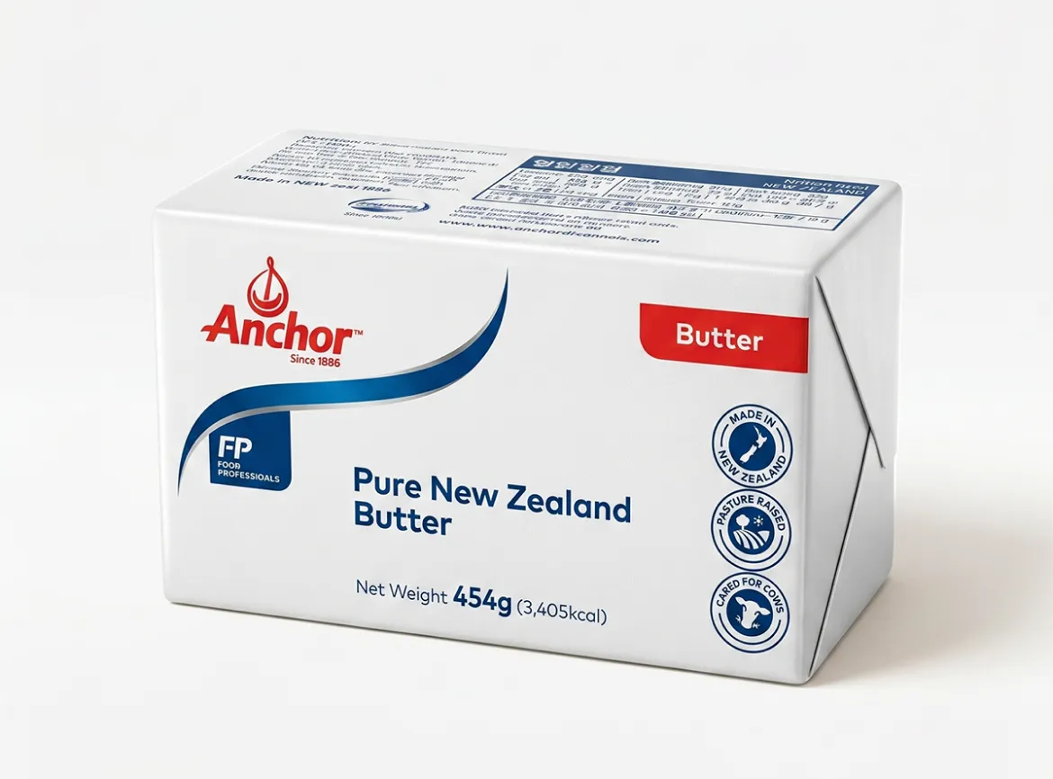 차별화상회 앵커 무염버터 454g 패키지에 인쇄된 청정 뉴질랜드 폰테라사 Anchor 로고 클로즈업 이미지