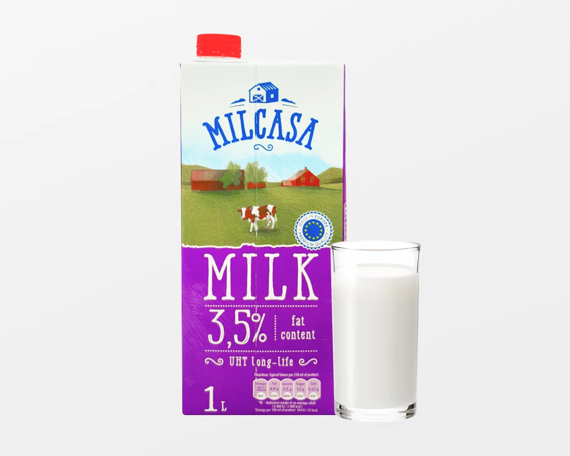 차별화상회 밀카사 멸균우유 1L 유지방 3.5% 패키지와 유리잔에 가득 채워진 신선한 우유 연출 메인 이미지