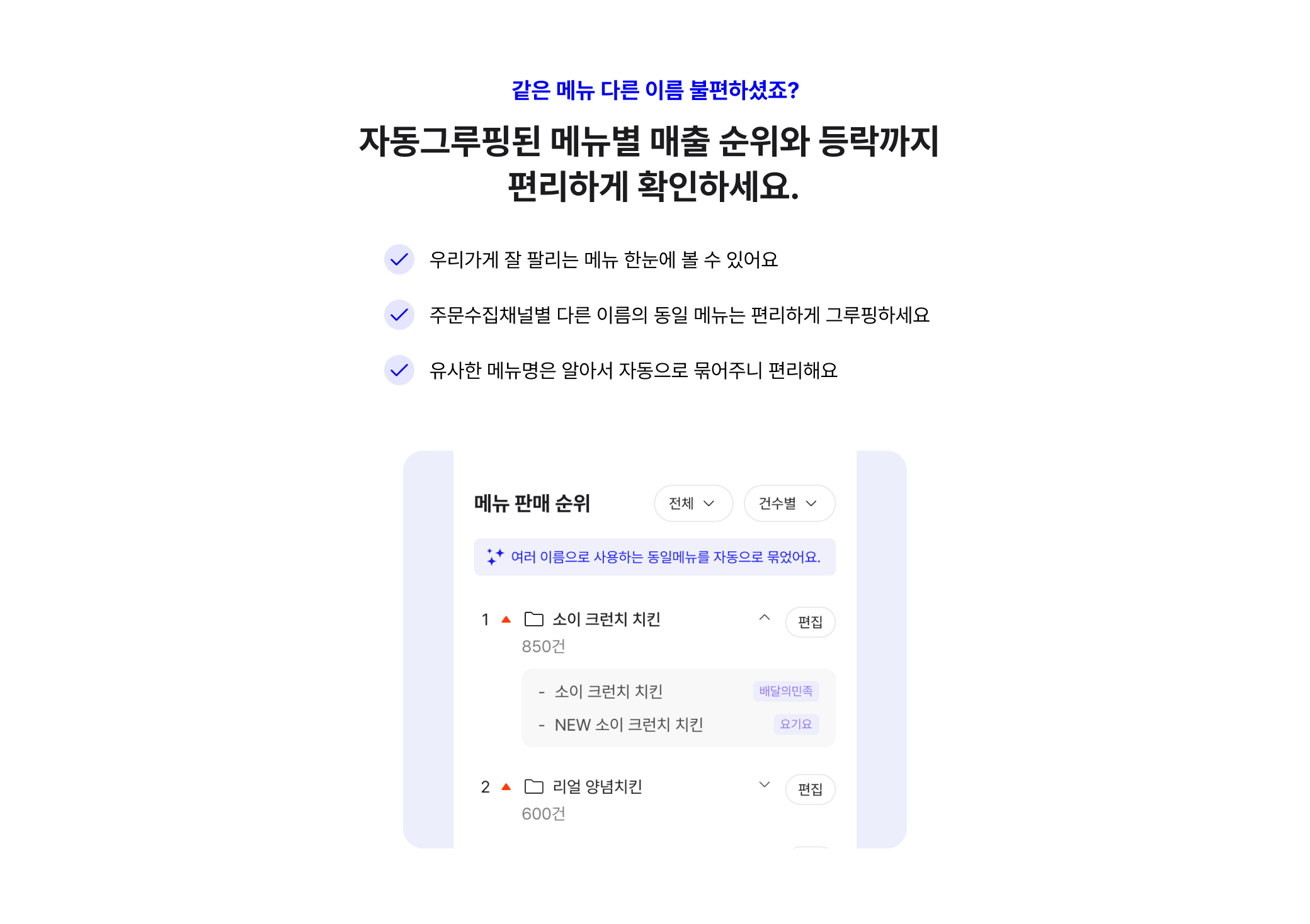 자동그루핑된 메뉴별 매출 순위와 등락까지 편리하게 확인하세요.