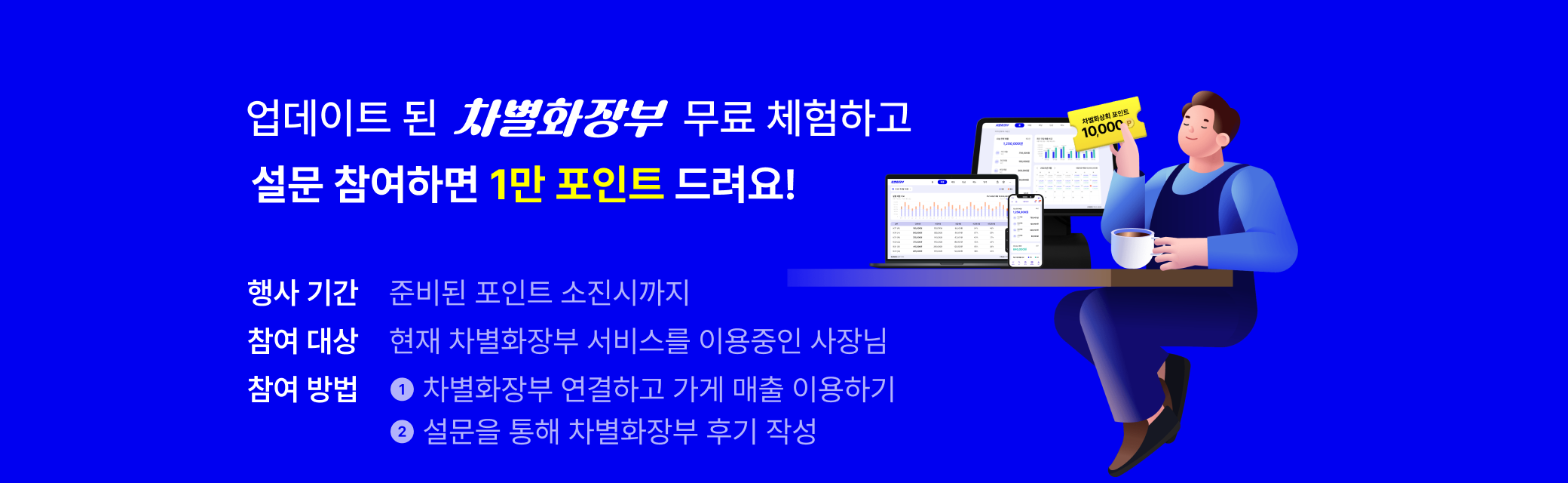 업데이트 된 차별화장부 무료 체험하고 설문 참여하면 1만 포인트 드려요!