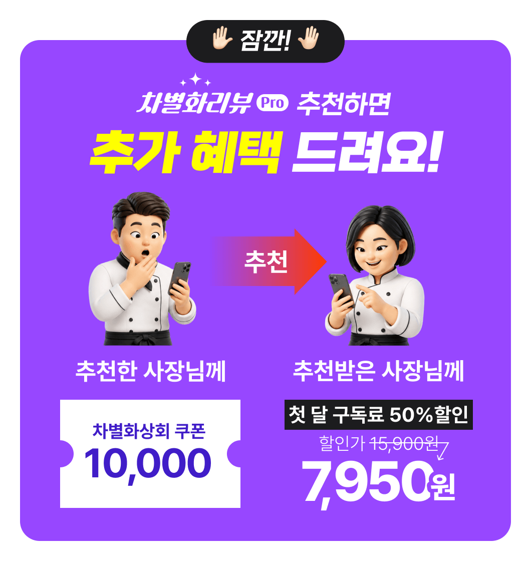 추가 혜택, 차별화리뷰Pro 추천하면 첫 달 구독료 50% 할인
